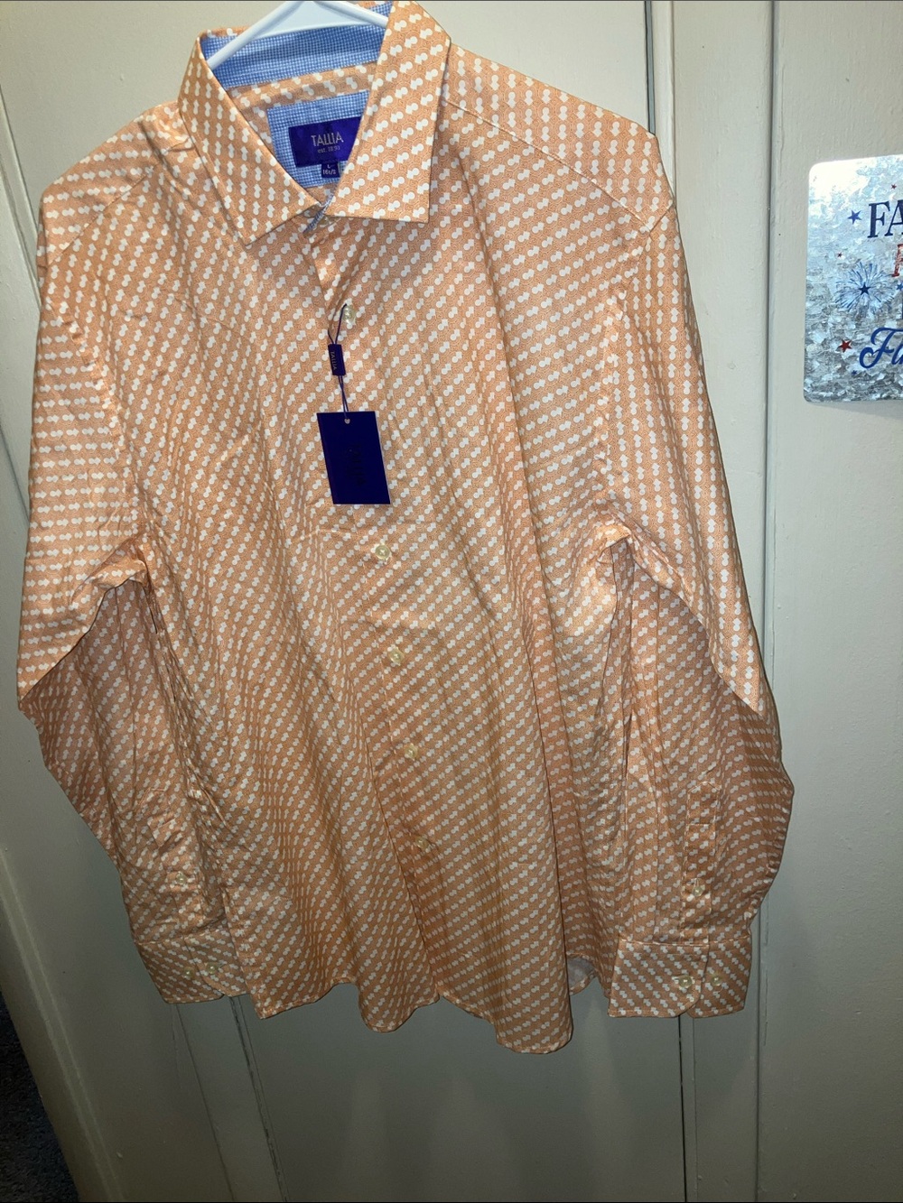 TALLIA Peach Orange Geometric Print Button-Down Shirt Large 16 1/2 New